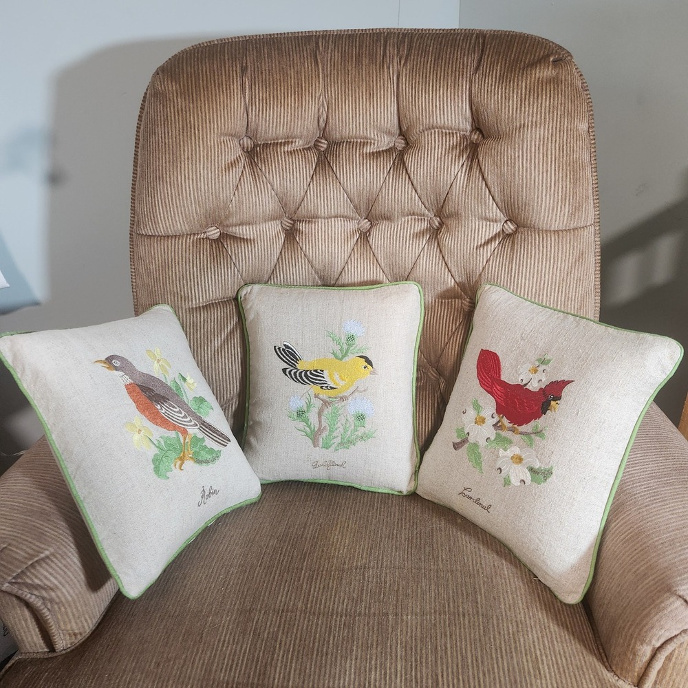 Vintage Style Embroidered Bird Throw Pillows Set of 3 Cardinal Goldfinch Robin